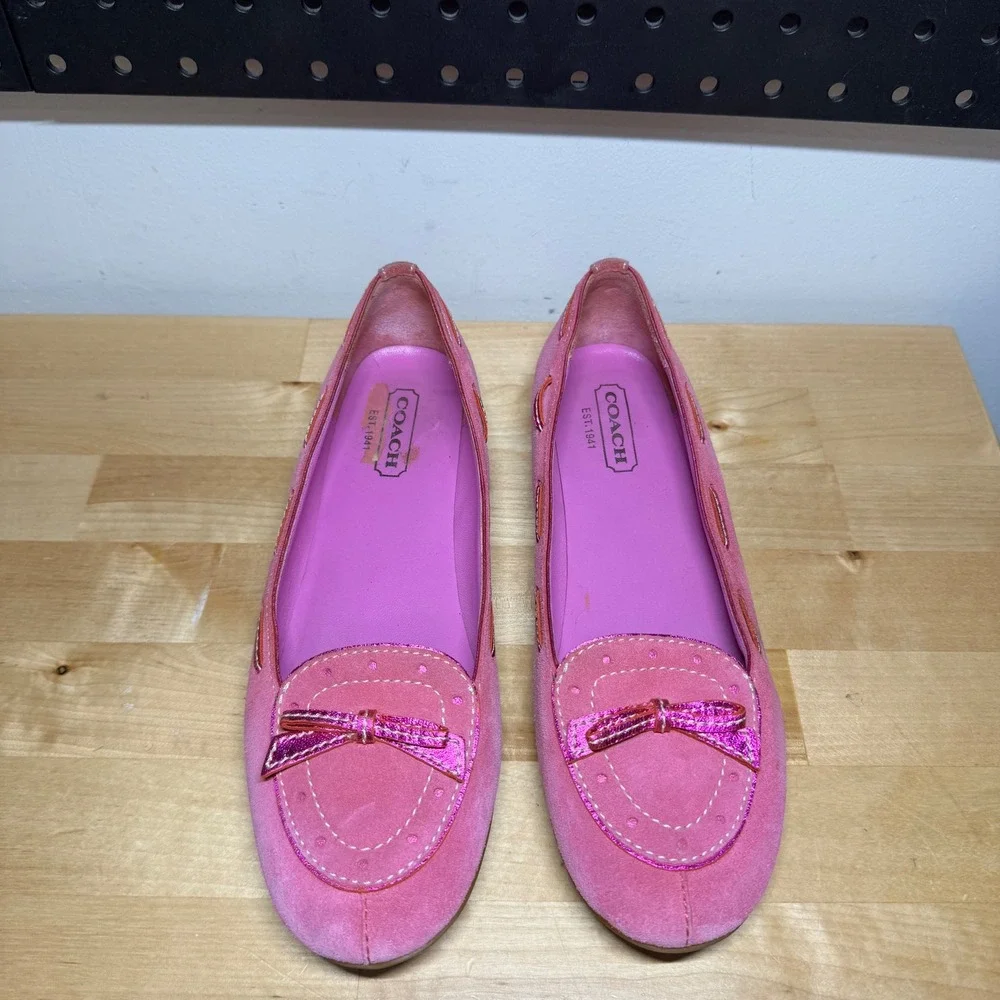 Coach Pink Suede Flats Metallic Bow Loafers Barbiecore A00262 Womens Size 7.5B